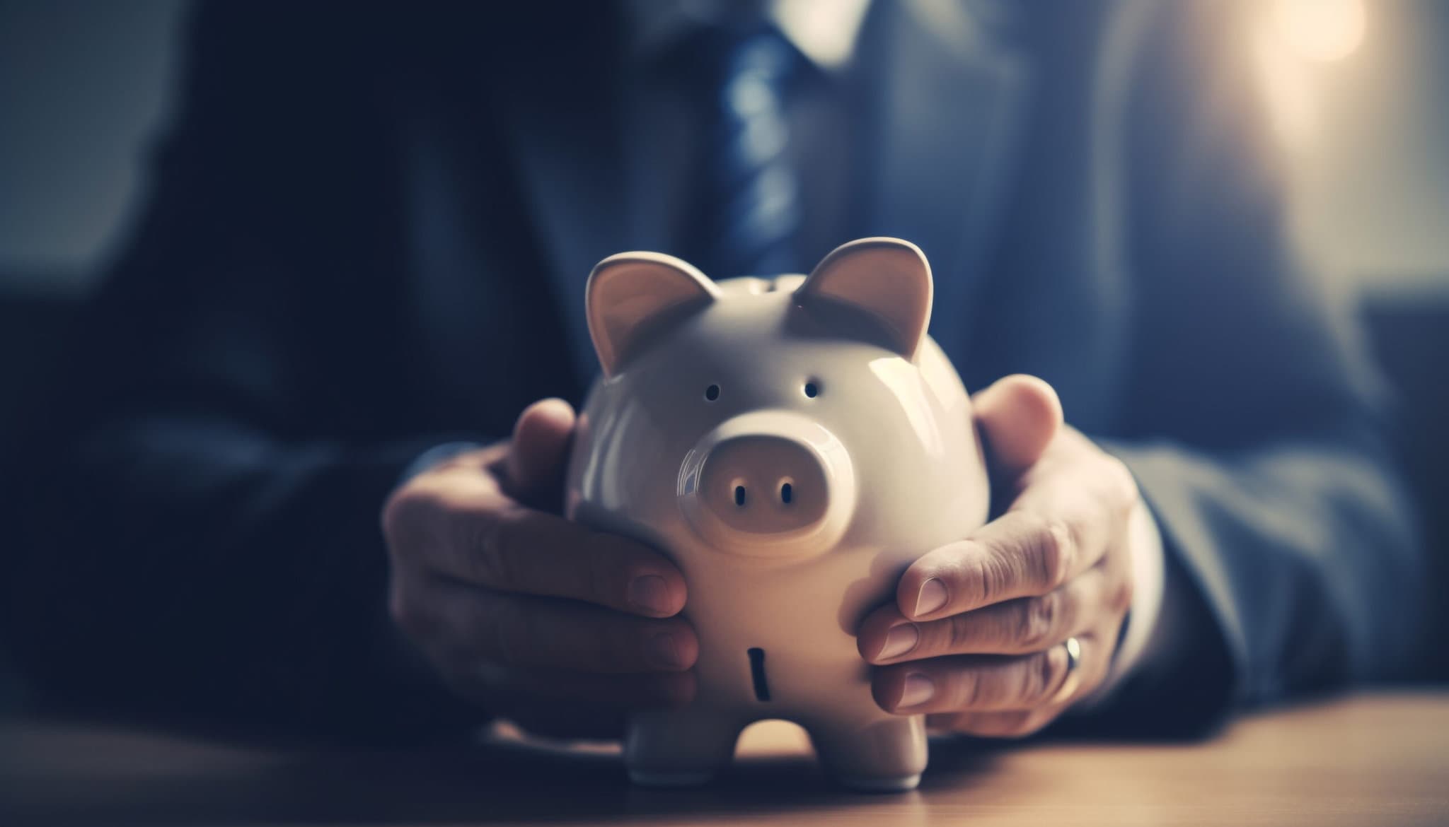 Caucasian businessman holding piggy bank for savings generated by AI